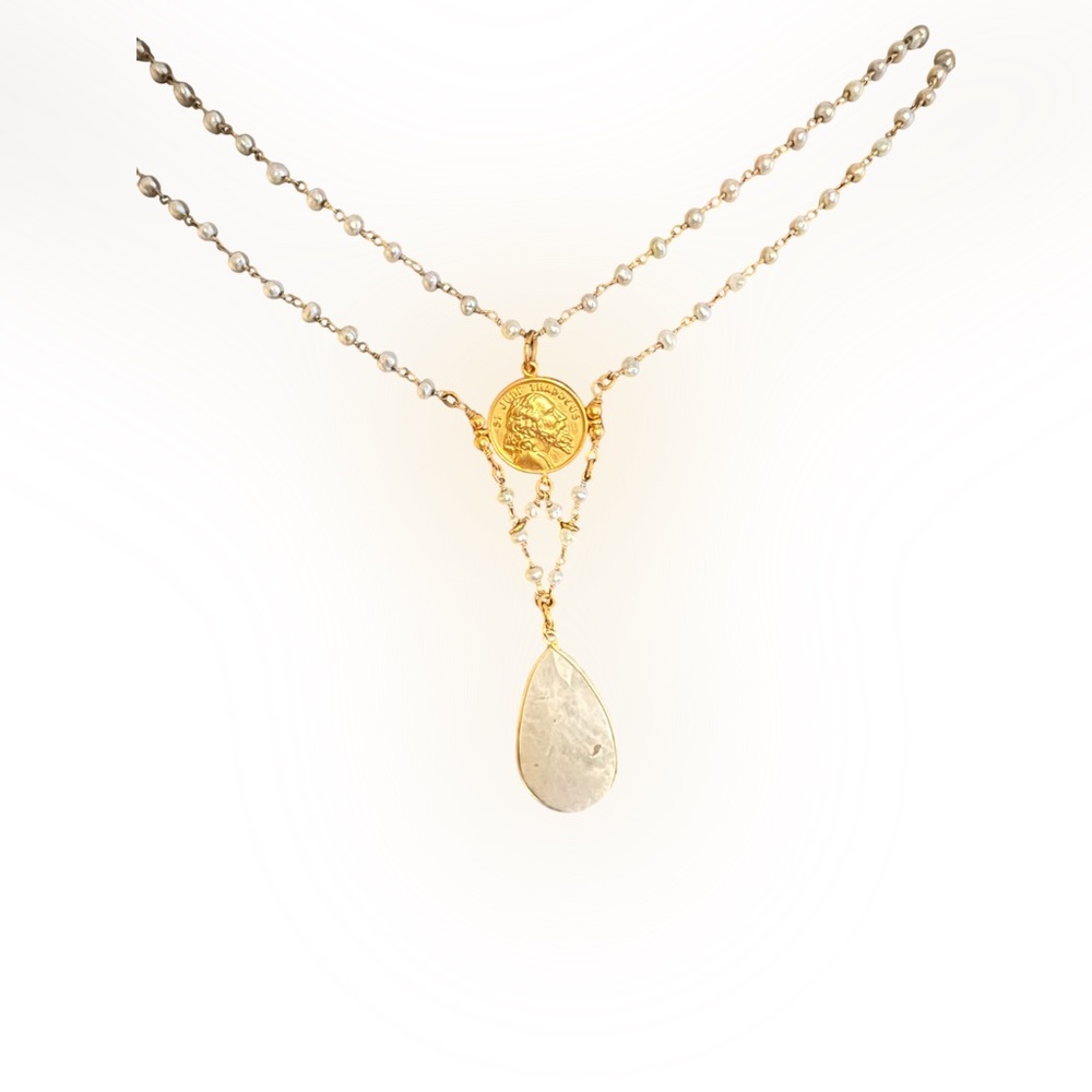 Elegant White Beaded Necklace with White Quartz Pendant